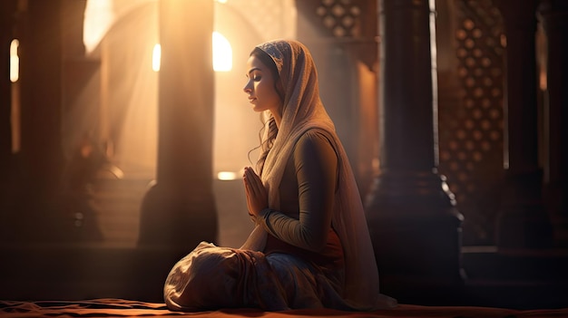 Foto donna musulmana religiosa che prega in una chiesa