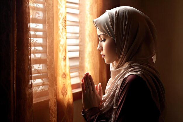 A religious muslim woman praying inside the mosque Muslim Generative Ai