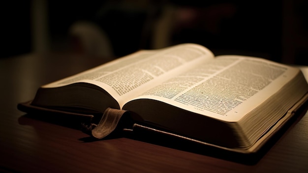 Религиозная старая ретро-винтажная библейская книга открыта с закладкой страницы, созданной AI