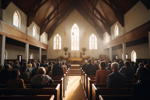 사진 교회 안의 종교인들: 인식할 수 없는 사람들의 뒷모습 교회 예배 중에 그리스도의 평화를 나누는 회중