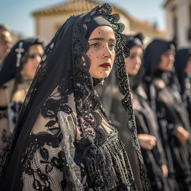 Photo religious procession in huelva women in black veils