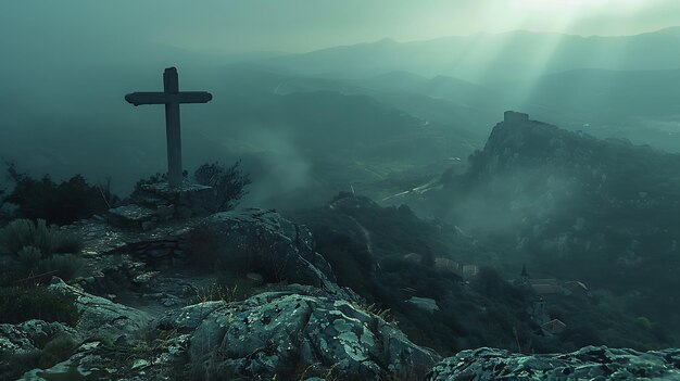 Religious symbol on mountain summit