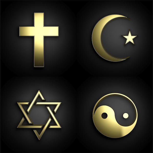 Religious symbols 3D golden set on black background