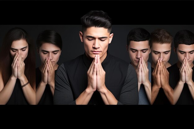Религиозный молодой человек молится на темном фоне