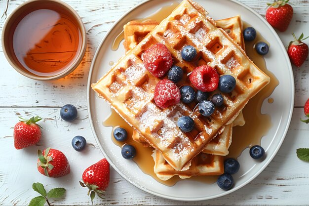 Relish the perfect blend of textures with soft waffles juicy berries and powdered sweetness top view