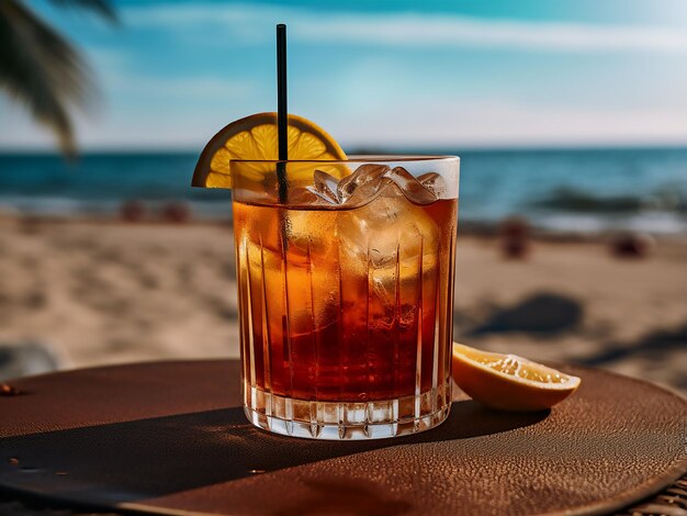 Фото Наслаждаясь старым пляжным коктейлем, успокаивающим напитком среди морского бриза.