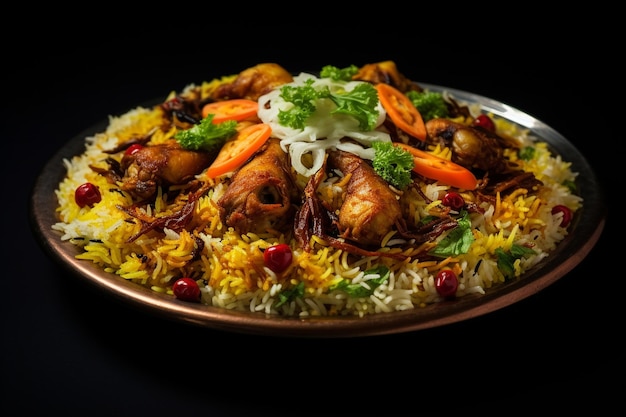 Relistic food a chicken biryani dish black background