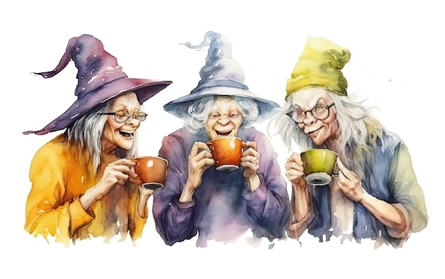 Relocation of witches drinking coffee and talking on transparent background Ai generative