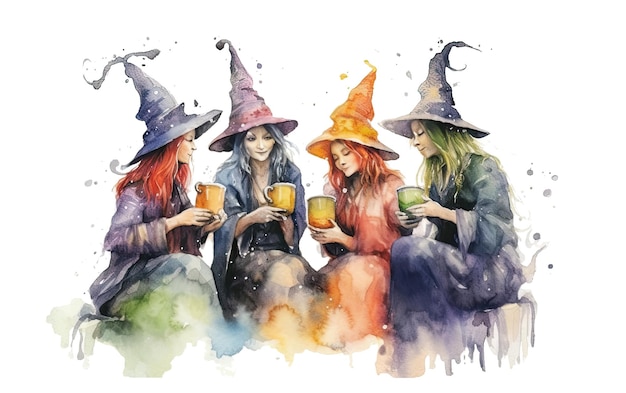 Relocation of witches drinking coffee and talking on transparent background Ai generative