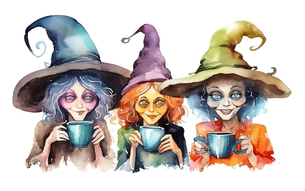 Relocation of witches drinking coffee and talking on transparent background Ai generative