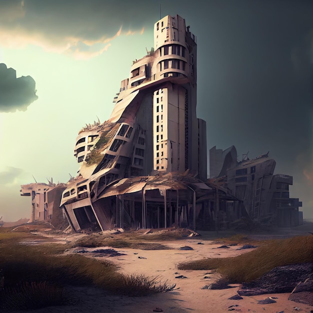 Remained in ruins futuristic skyscrapers postapocalyptic city