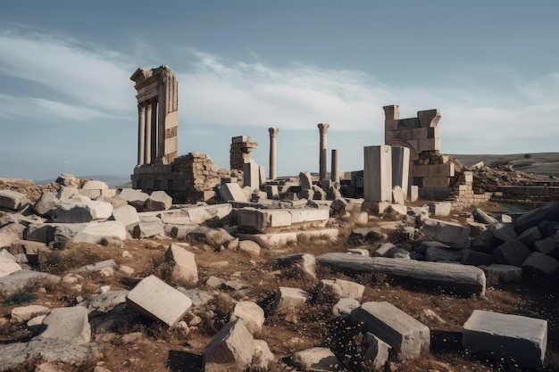 Remains of ancient temple with weathered stones and broken columns