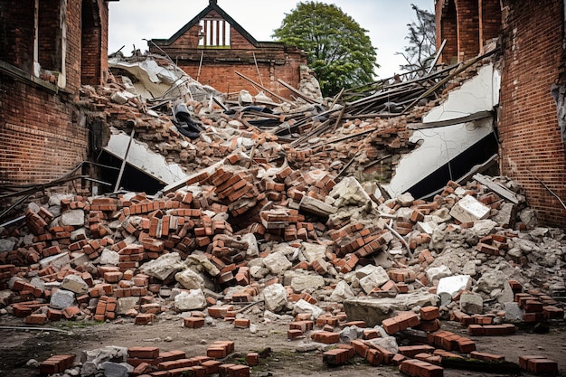 The remains of a destroyed brick building