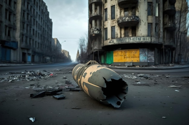거리에 떨어진 박격포 포탄의 잔해는 전쟁으로 주변의 건물을 파괴했습니다. 아이가 생성했습니다.