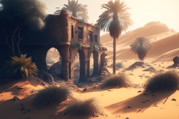 Photo remains of a hamlet and palm trees in the sahara deserts chebika oasis