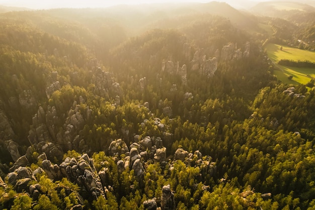 Remains of rock city in Adrspach Rocks part of AdrspachTeplice landscape park in Broumov Highlands region of Czech Republic Aerial photo Czech mountains landscape