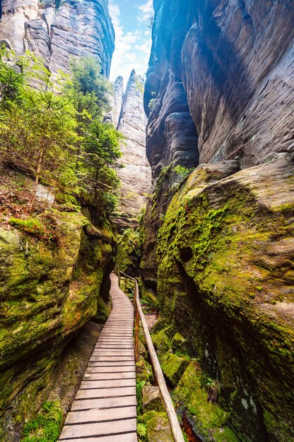 보헤미아 체코 공화국의 브루모프 고원 지역에 있는 AdrspachTeplice 조경 공원의 일부인 Teplice Rocks의 암석 도시 유적