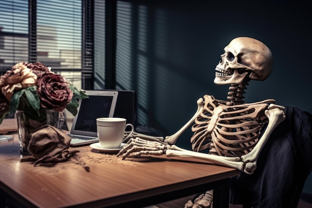 Remains of a skeleton sitting at the computer with coffee steaming on the desk next to laptop