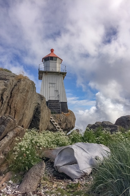 The remains of a whale next to a lighthouse in Norway.