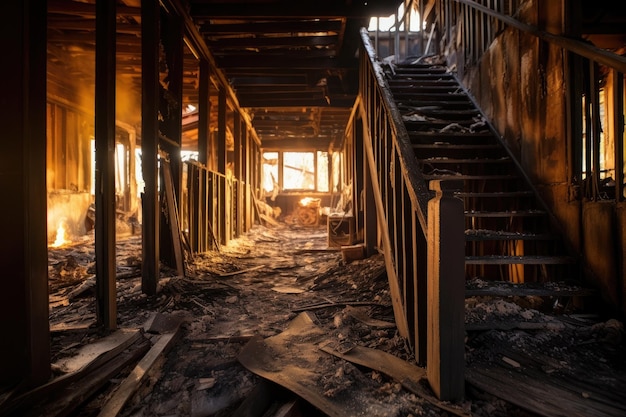 Remains of wooden house after fire