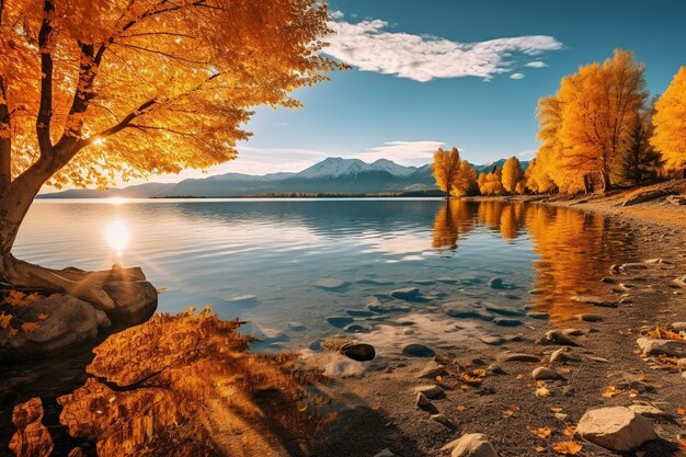 Remarkable landscape of colorful autumn wanaka lake with sunrise in the fresh morning ai image