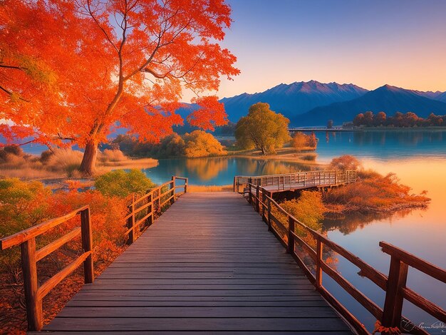 Photo remarkable landscape of colorful autumn wanaka lake with sunrise in the fresh morning ai image