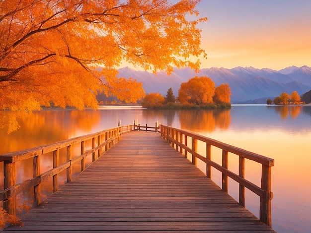 Remarkable landscape of colorful autumn Wanaka Lake with sunrise in the fresh morning ai image