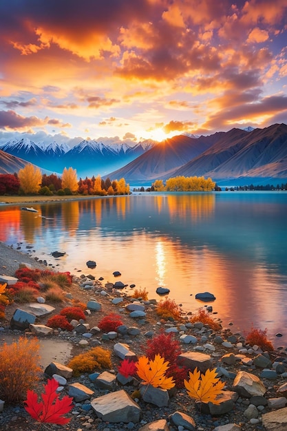 Remarkable landscape of colorful autumn Wanaka Lake with sunrise in the fresh morning ai image