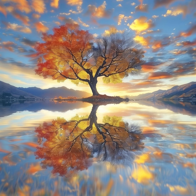 Remarkable landscape of colorful autumn Wanaka Tree reflection on Wanaka Lake