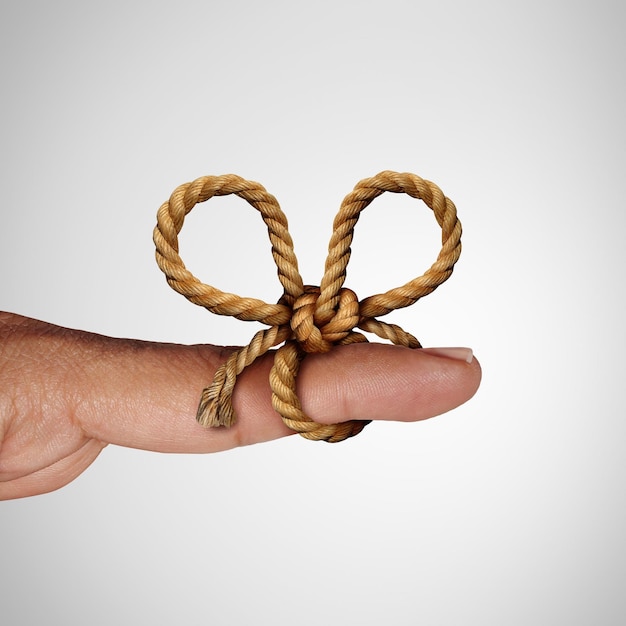 Foto ricorda il simbolo del nodo e del promemoria come una corda legata a un dito per ricordare e prestare attenzione a un fut