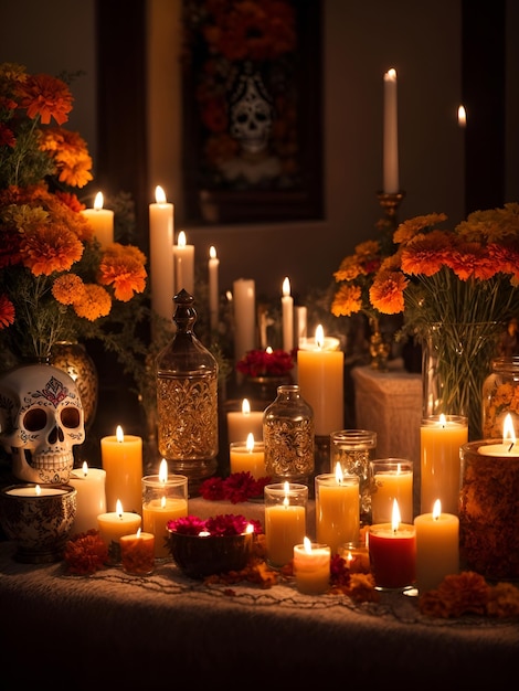 in remembrance of Day of the Dead A serene candlelit altar adorned with marigolds