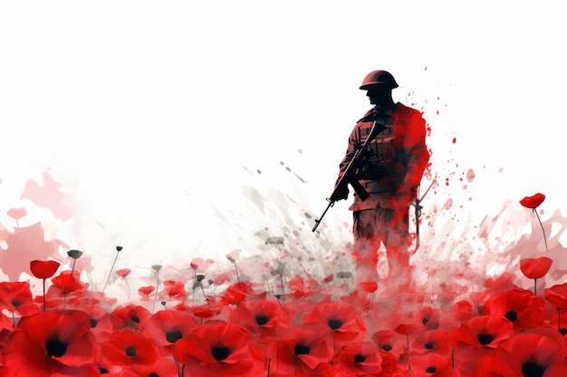 Remembrance day design background soldier silhouette in a poppy field