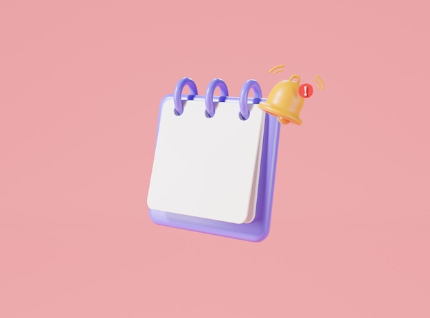 Reminder notification concept 3d Rendering illustration of Note book icon with bell notification reminder in calendar reminder notification events Business planning Sticky note timetable