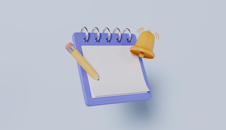 Photo reminder notification with bell and pencil calendar event planner note idea checklist with pencil