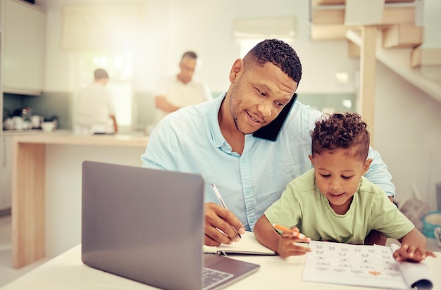 Remote business man and parent multitasking with child at home talking on phone call and help with homework Productive single father online project management while discuss strategy and balance