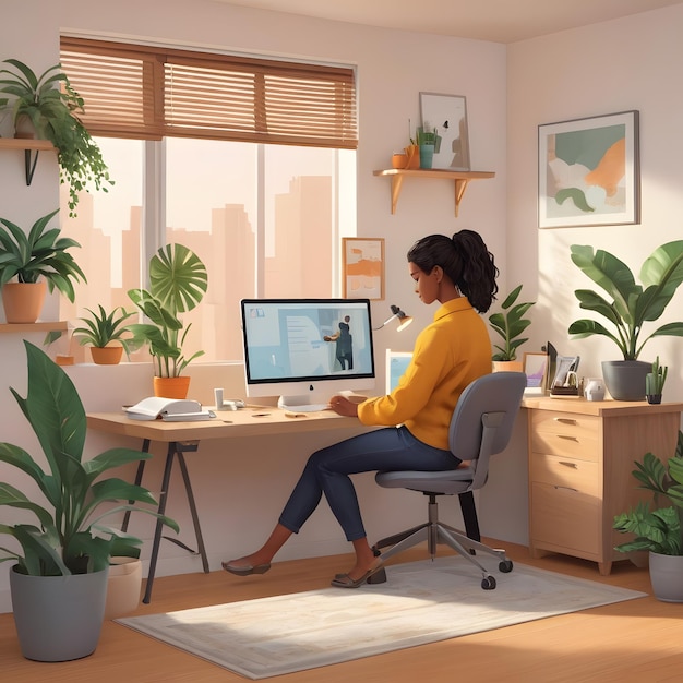 Remote Harmony AI genereerde een illustratie van een comfortabele thuiswerkruimte