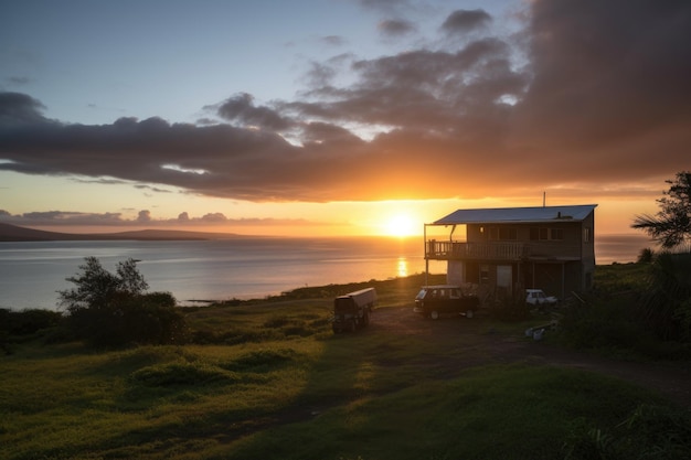 Удалённый островный отдых с видом на восход солнца над океаном, созданный с помощью генеративного AI
