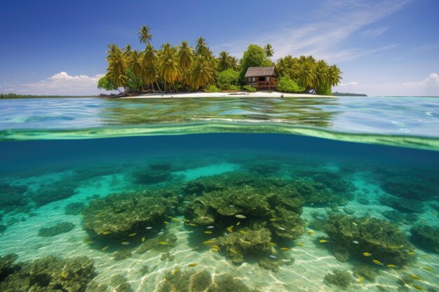 Удалённый остров с кристально чистой водой и тропическими рыбами, созданными с помощью генеративного искусства.