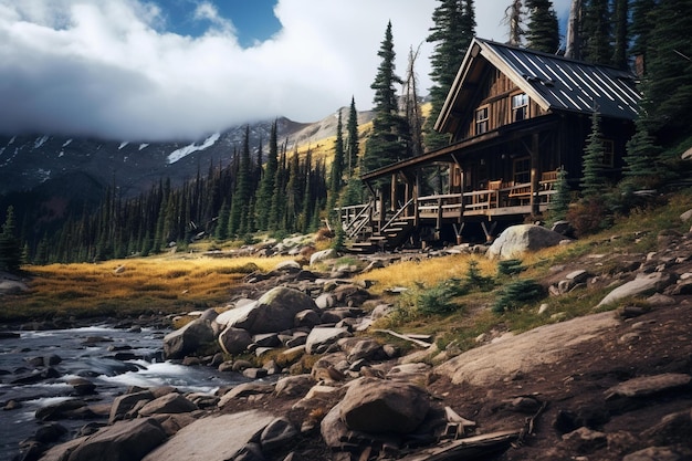 Remote mountain cabin in a peaceful wilderness