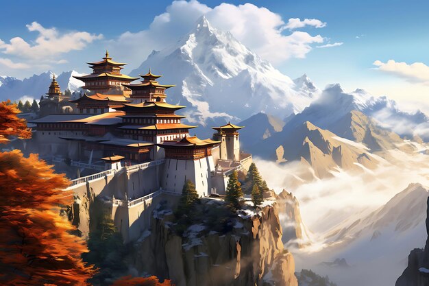 Remote mountain monastery or temple against a scenic background