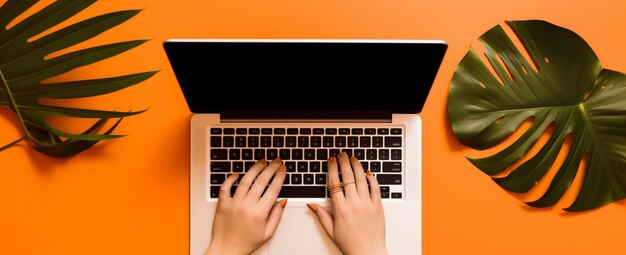 Remote office computer laptop orange background business leaf hand keyboard palm generative ai