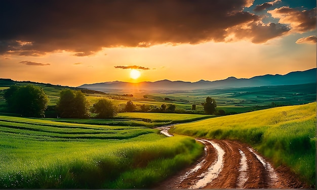 A remote road passing through a green field during the sunset