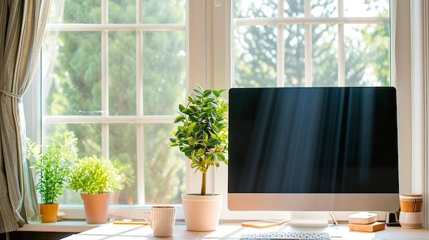 Remote werkomgeving Stijlvol bureau met computer en raam