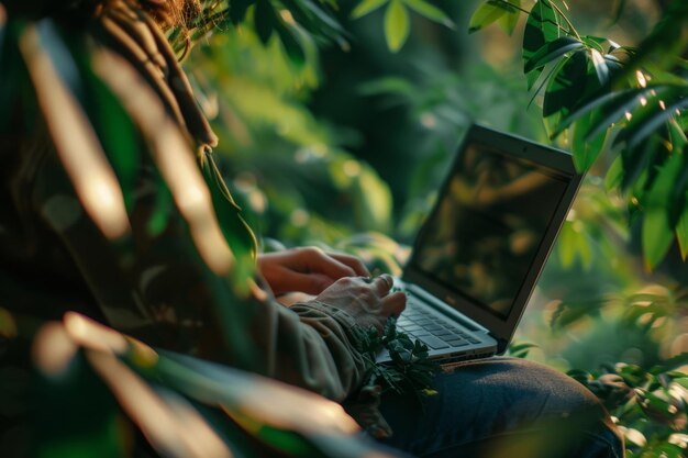 Remote Work Amidst Lush Greenery With Laptop in a Natural Forest Setting