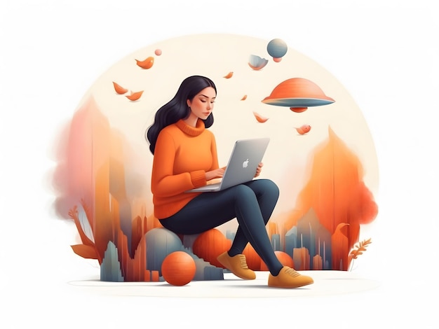 Remote work freelance Vector illustration working on laptop at her house