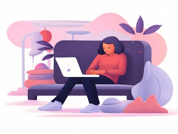 Photo remote work freelance vector illustration working on laptop at her house