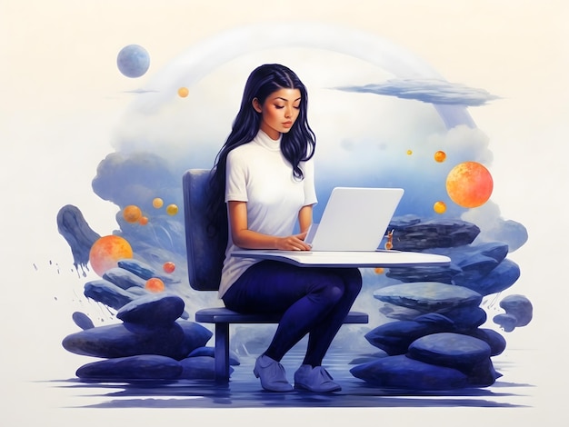 Remote work freelance Vector illustration working on laptop at her house