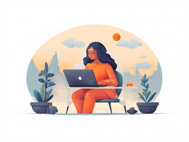 Photo remote work freelance vector illustration working on laptop at her house