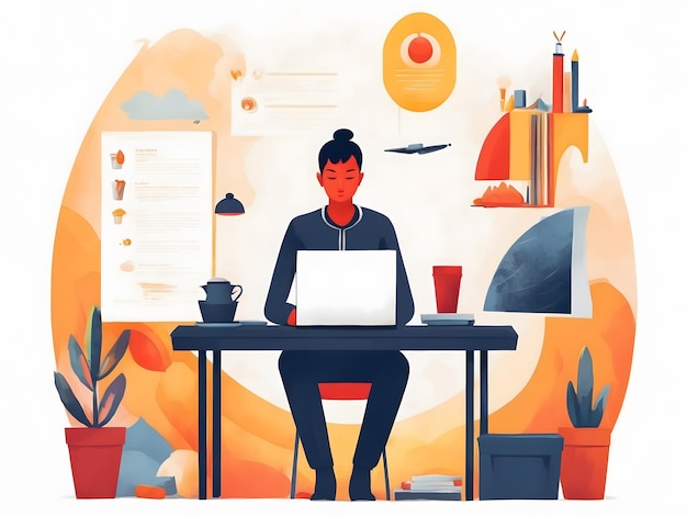 Remote work freelance Vector illustration working on laptop at her house