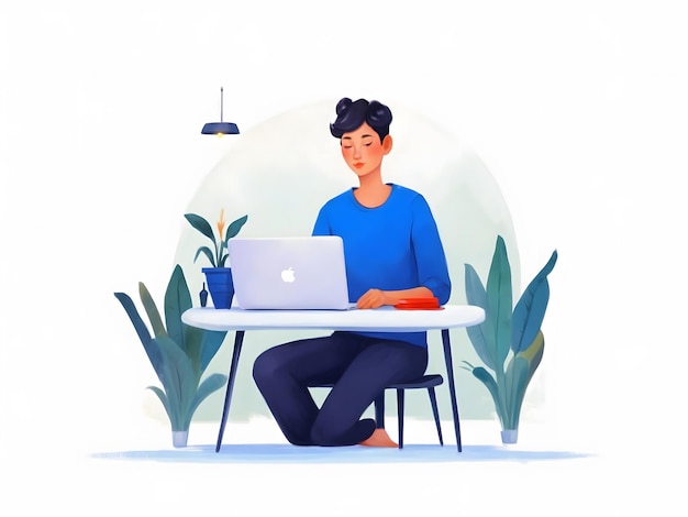 Remote work freelance Vector illustration working on laptop at her house